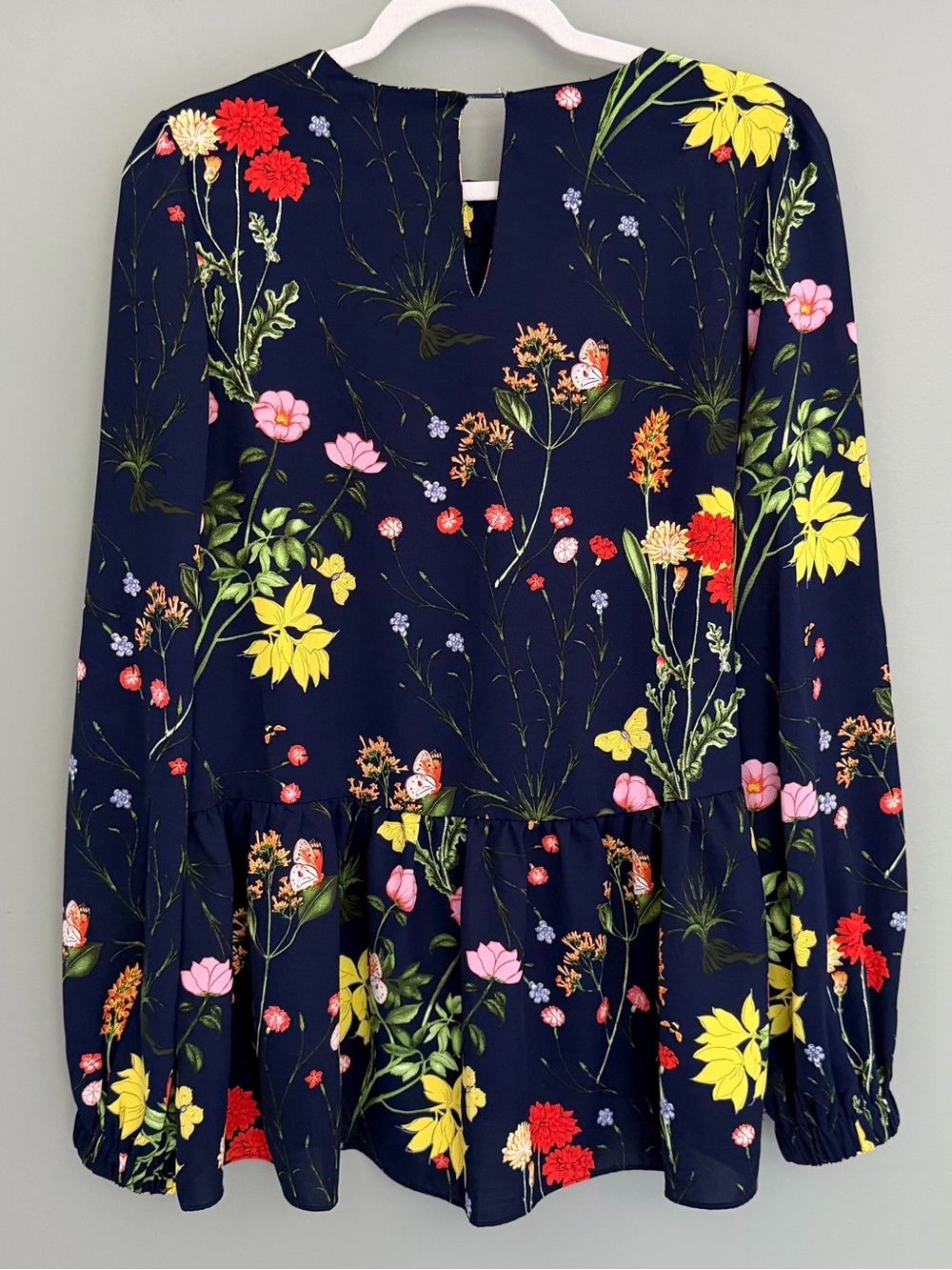 Pomander Place "Carlota" Navy Blue Wildflowers Long Sleeve Peplum Blouse - Picture 8 of 14